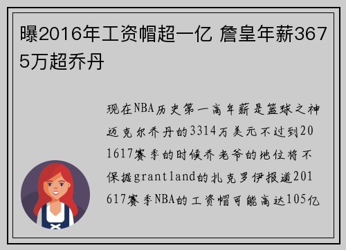 曝2016年工资帽超一亿 詹皇年薪3675万超乔丹